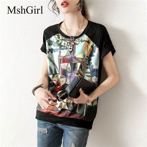 MshGirl 2022夏季新款T恤短袖上衣女洋气高档纯棉时尚拼接图案    44.0元