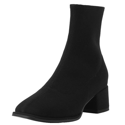星期六时髦弹力靴2022冬季新款方头粗跟黑色瘦瘦靴百搭通勤女靴子