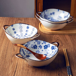 瓷魂 日式双耳汤碗家用陶瓷大碗拉面碗手柄汤盆 7.5英寸 一叶知秋29.9元
