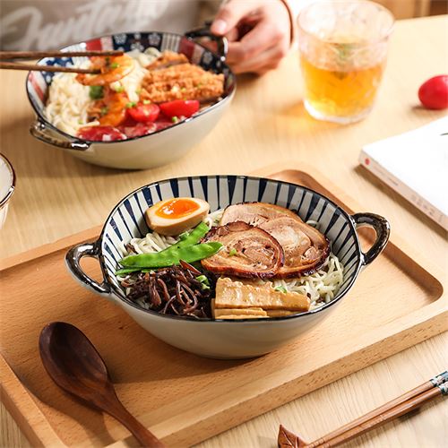 日式复古陶瓷双耳碗盘子沙拉碗菜盘子家用摆盘创意不规则面碗汤碗157元