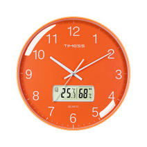Timess挂钟 钟表客厅家用创意温湿度简约时钟石英钟表挂墙时尚个性卧室时钟 P66D-5靓丽橙35厘米490.0元，合98.0元/件